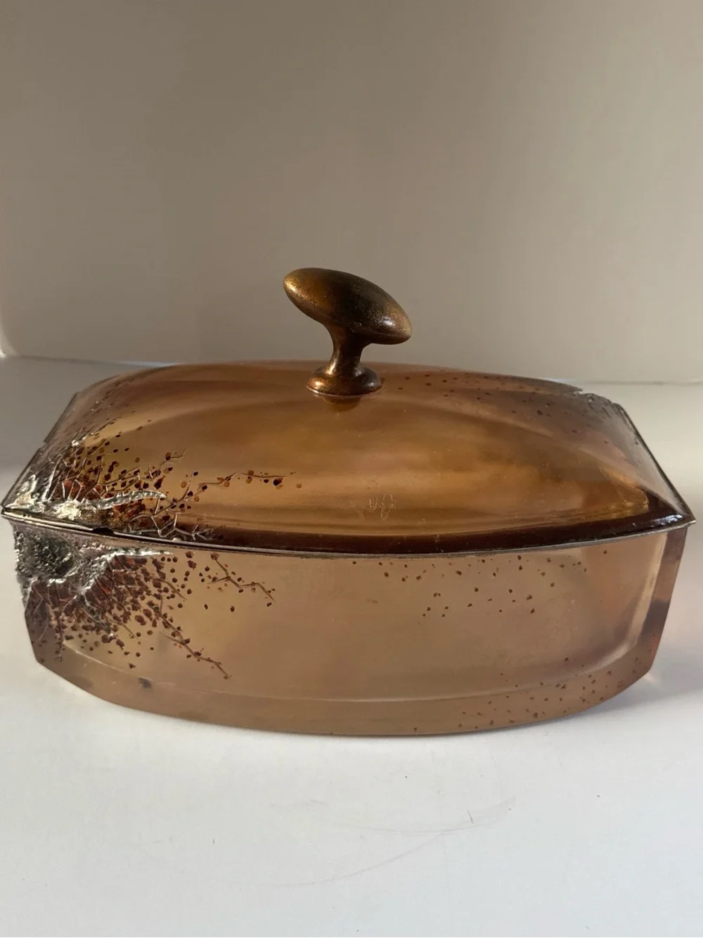 Vintage Amber Cast Resin Lidded Box Gold Fleck Metallic Tree Branch 11” Decor **